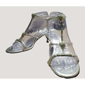 Mingo Portofino Vero Cuolo Italy Heels Silver Lime Green Crystals Panther Jaguar